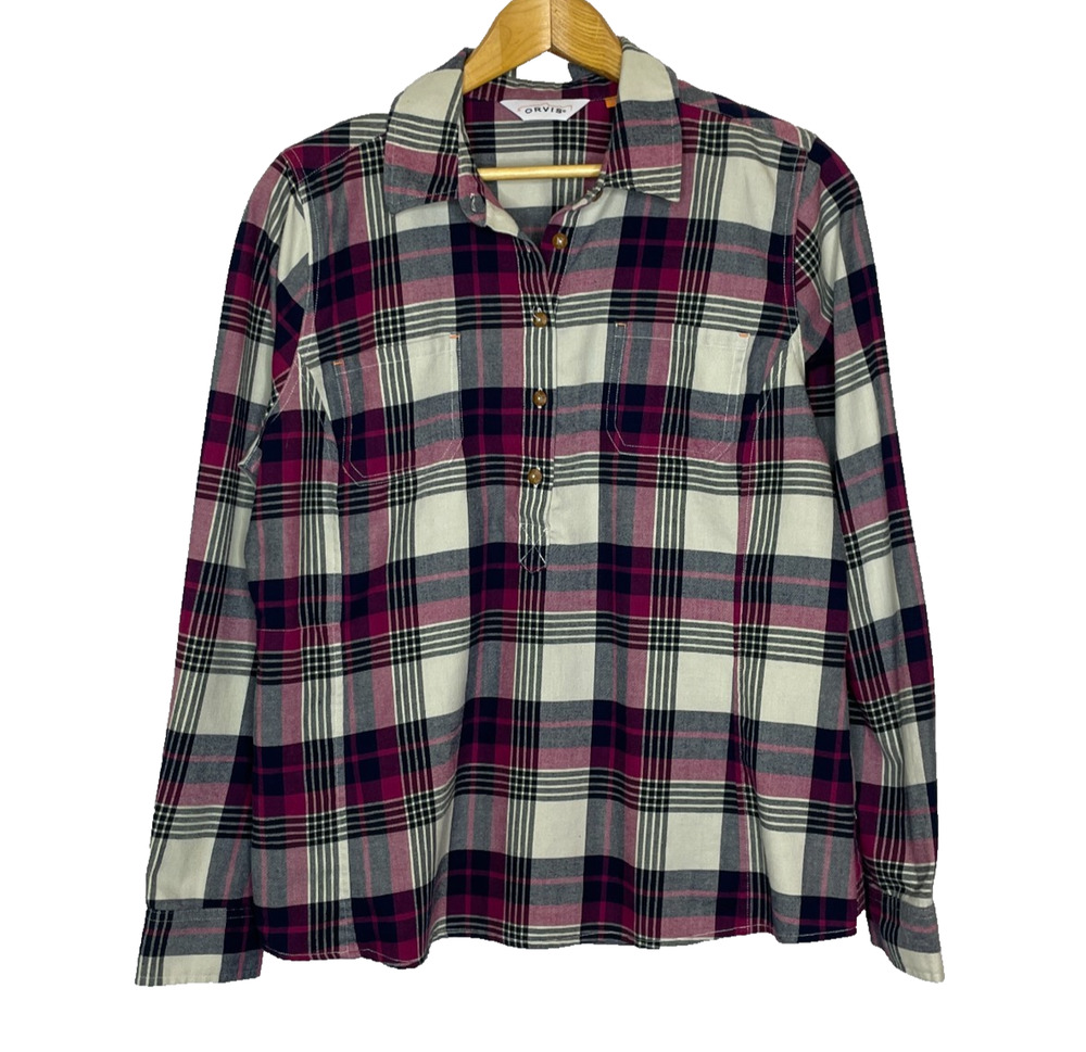 Women's Large Orvis Purple Plaid Cotton Blent Button Popover Shirt